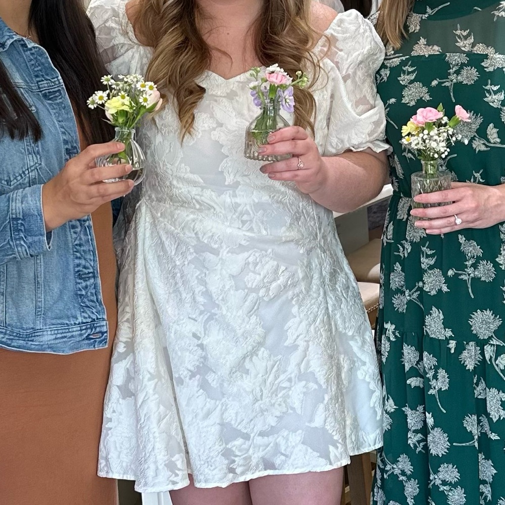 Bridal White Floral Puff Sleeve Mini Dress - bride
